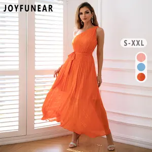 [US shipping]Clearance Joyfunear Ladies' one shoulder sleeveless pleated dress chiffon summer elegant style