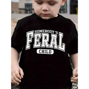 Feral Youngsters" Boys' Black Cotton T-Shirt - Bold & Comfortable Round Neck, Breathable Summer Top with Stretch Fabric, Machine Washable