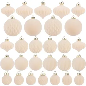 Flocked Ornaments for Christmas Tree Decorations - 28 Count Cream Ball Ornament with Plastic Shatterproof Design for Xmas Holiday Decoration
