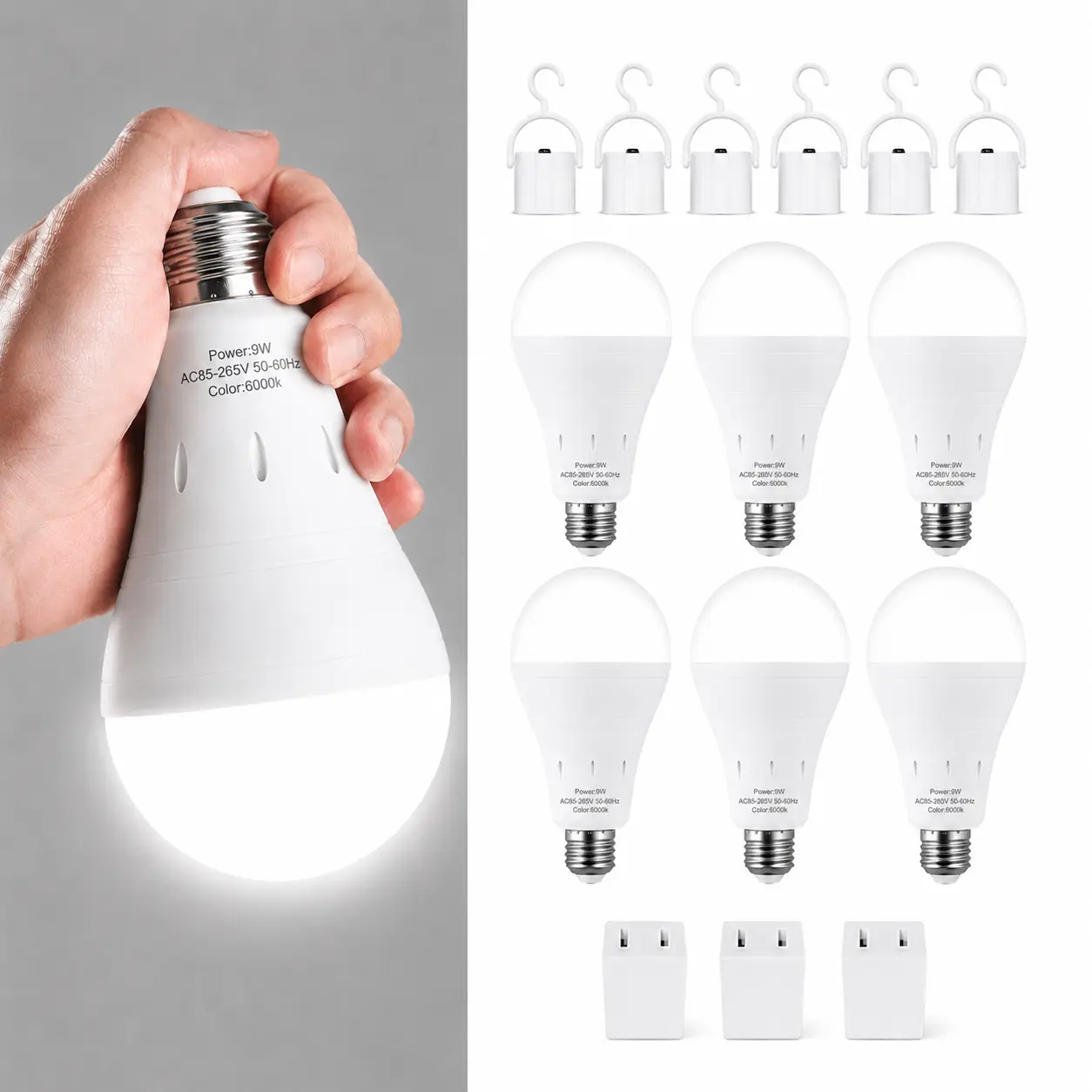 RELAMPBOL 6PK Rechargeable Emergency Light Bulbs, 60W Equivalent, 9W E26 3000K Warm Light/ 6000K White Daylight 800Lumens 1200mAh Battery Backup Emergency Light Bulbs for Home Power Outage Hurricane Camping