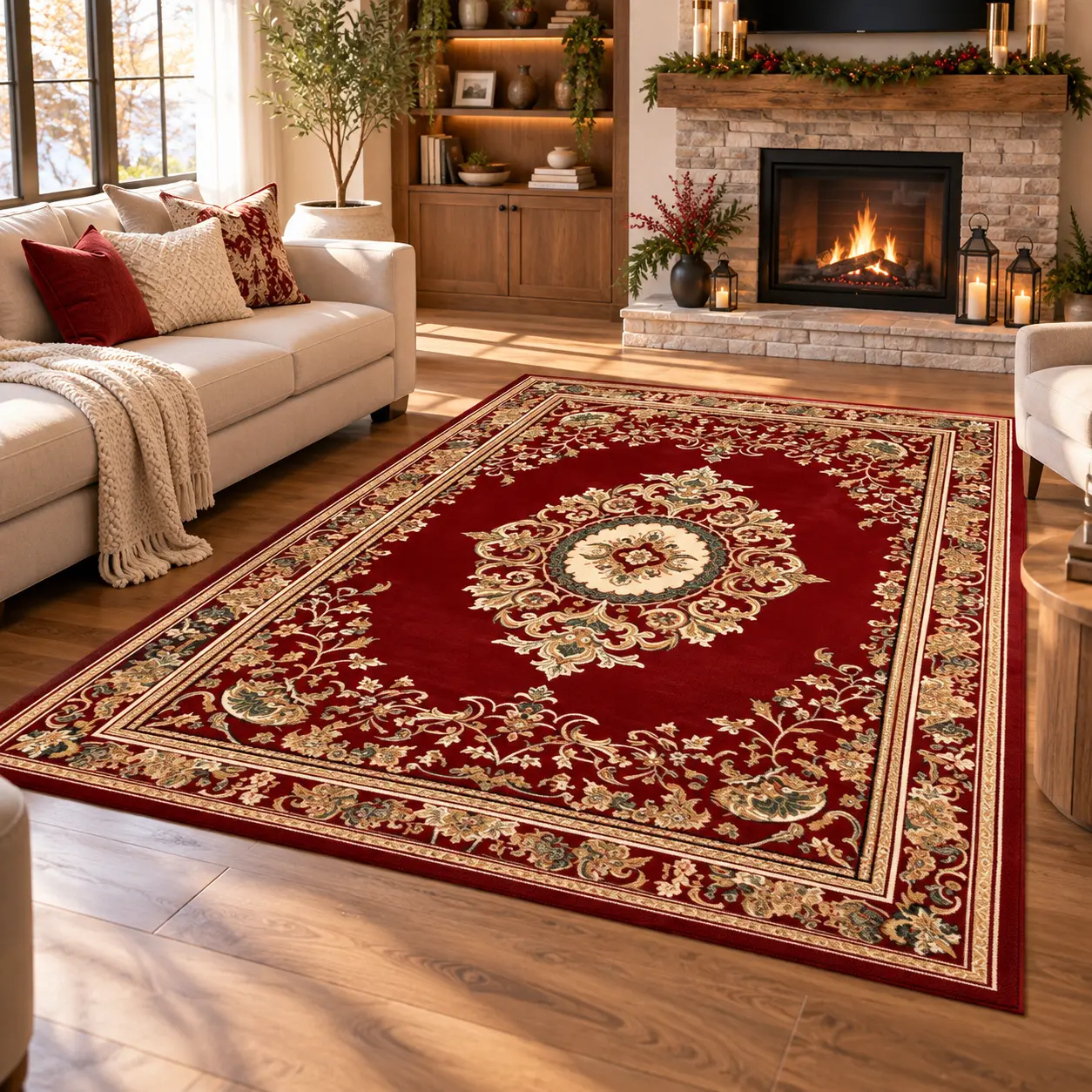 Vintage Red Area Rug, Traditional Floral Medallion Persian Style Carpet, Elegant Classic Floor Decor, Christmas Holiday Living Room Home Decor, Cozy Winter Rug, Housewarming Gift