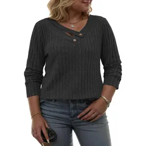 Womens-Plus-Size-Tops Trendy V Neck Casual Long Sleeve Shirts Lightweight Knit Sweaters Button Decor Tunics Blouses VPS0239