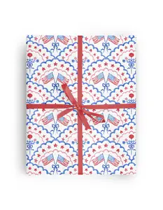Red White and Blue July 4th Wrapping - Floral USA Flag Wrapping Paper -  Floral Gift Wrap