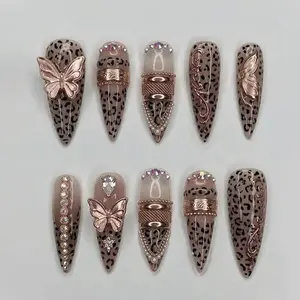 Luxury Leopard Print Press On Nails 3D Butterfly Charm Nail Art Rose Gold Glam Bling Crystal