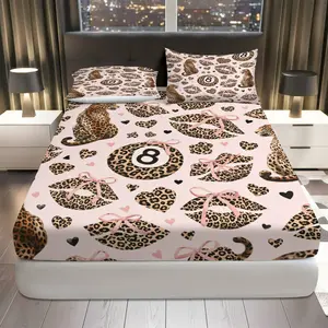 3Pcs Leopard Heart Bow Fitted Sheet Three Piece Set (1*Fitted Sheet+2*Pillowcases, Coreless), Valentine's Day theme, Animal Print Bedding Set, Mattress Protector Soft, Breathable