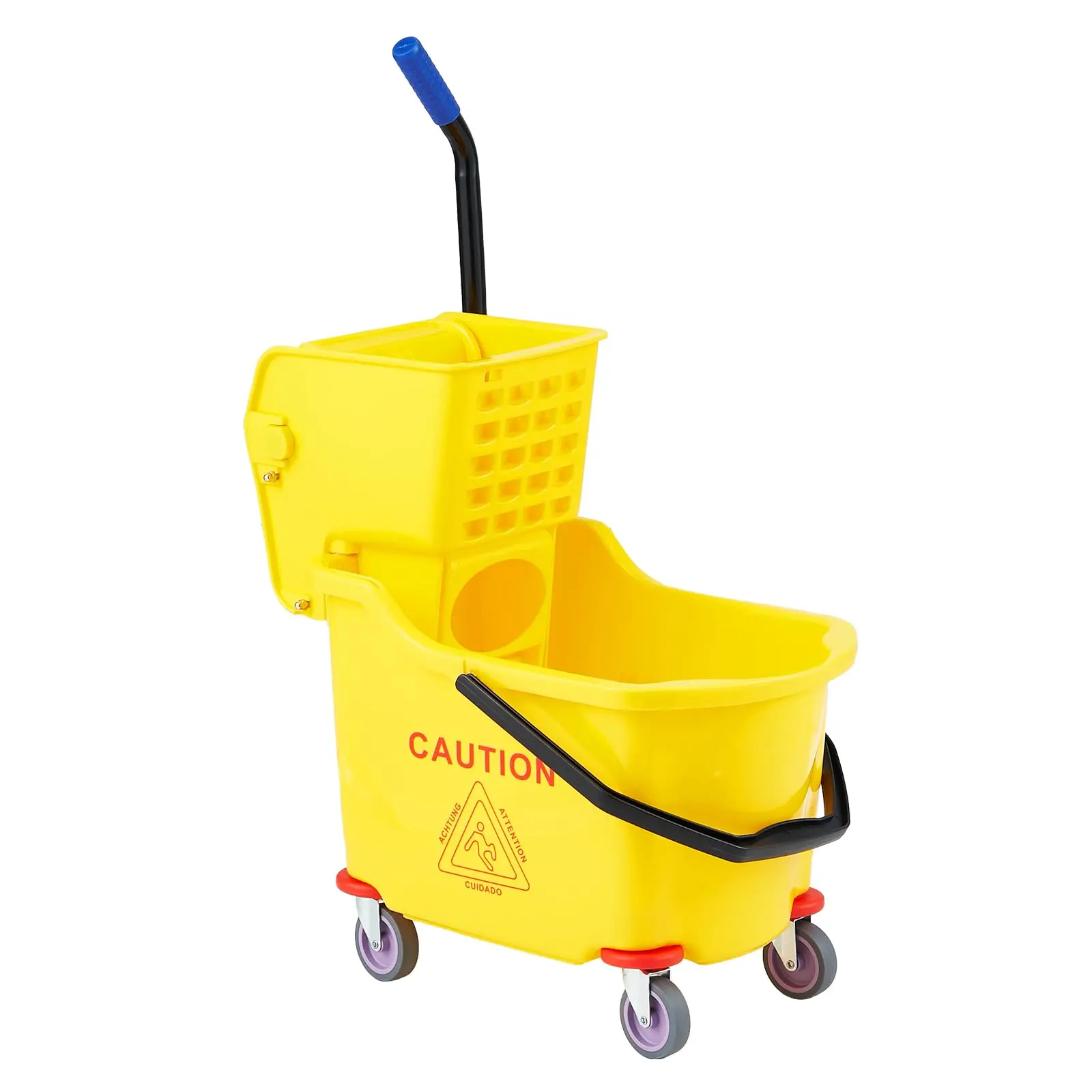 32L (34QT) Smooth Plastic Commercial Mop Bucket with Side Press Wringer & Wheels, Yellow Cleaning Tool for Janitorial, Industrial Use, Window Cleaning Box, Metal