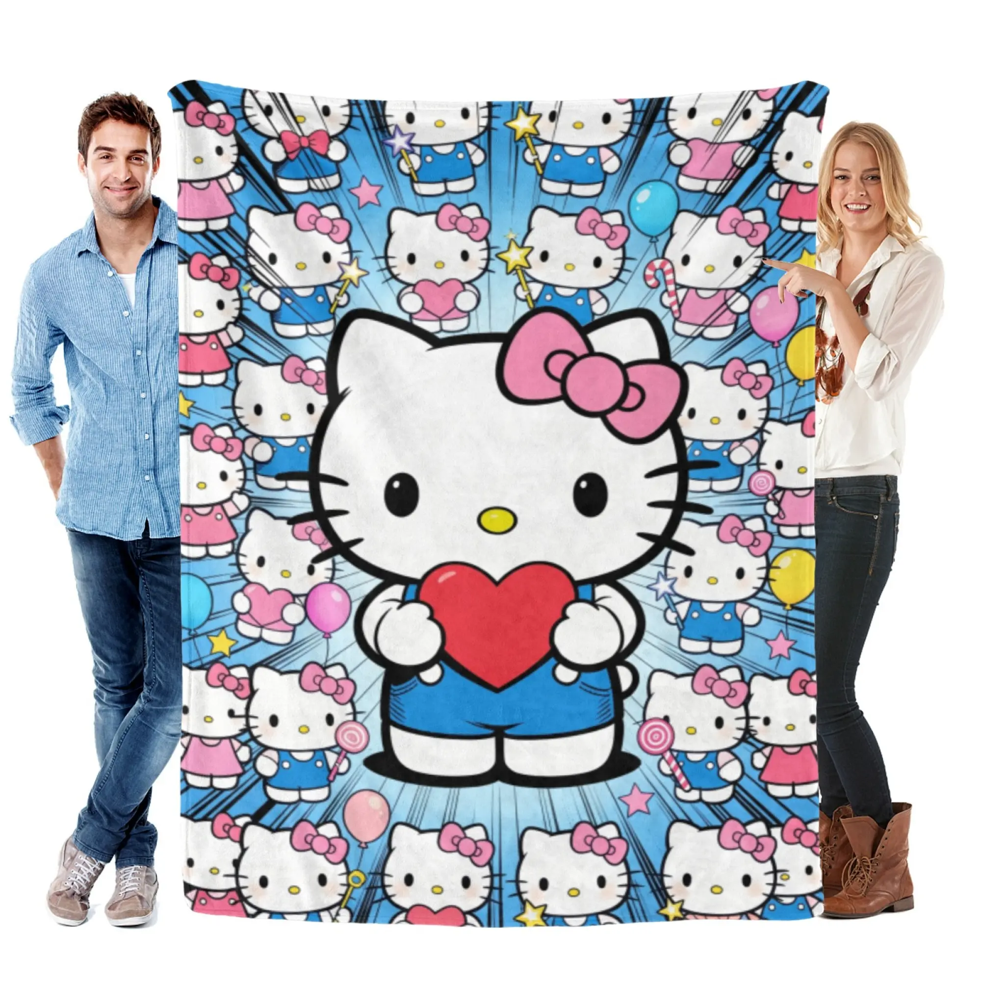 [SummerVibes] SANRIO Hello Kitty Soft Flannel Blanket, Vibrant Blue Comic Heart 2D Print, Soft Cozy Throw for Couch, Bedding & Room Decor