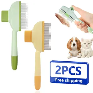 2-Pack Pet Hair Removal Comb & Flea Comb with Release Button for Cats & Dogs - Grooming Brush for Short/Long Hair Green & Yellow