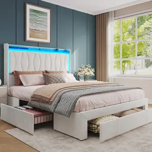 Vabches Bed Frame with LED Light and 3 Drawers Storage, Upholstered Velvet Platform Bed Frame with Charging Station, Wingback Tall Headboard, No Box Spring Needed