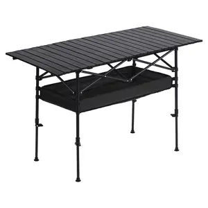 Folding Camping Table, Adjustable Height Portable Side Tables, Beach Table with Mesh Layer, Lightweight Compact for Outdoor Picnic BBQ Cooking