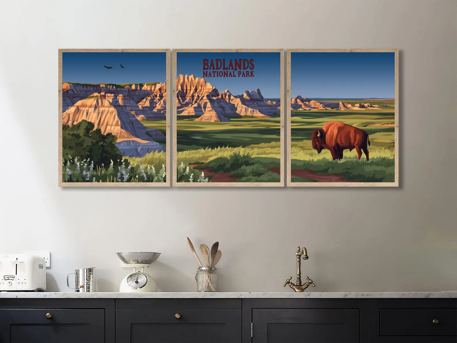 Set of 3 National Park Glossy Posters, Badlands Triptych Wall Art, Vintage Travel Prints, Nature Landscape Home Decor Gift