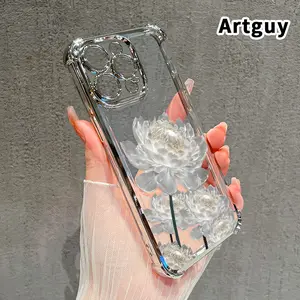White Peony Grace Pattern Four Corner Anti-Fall Phone Case Transparent Electroplated Protective Cover foriPhone 16 Pro Max 15 Plus 14 13 12 22 E