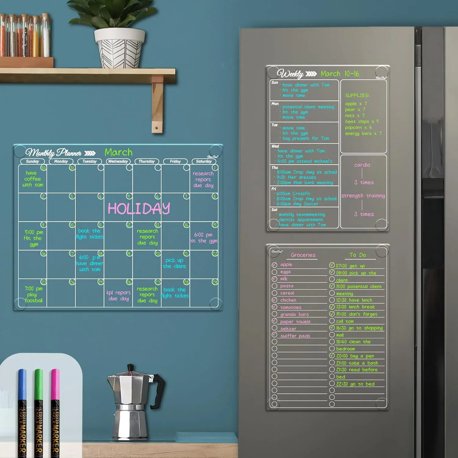 Clear Non- Calendar Set for Fridge - Dry Erase Transparent Monthly, Weekly Calendar and List Board - Sticks to Wall, Glass, Door, Any Smooth Surfaces