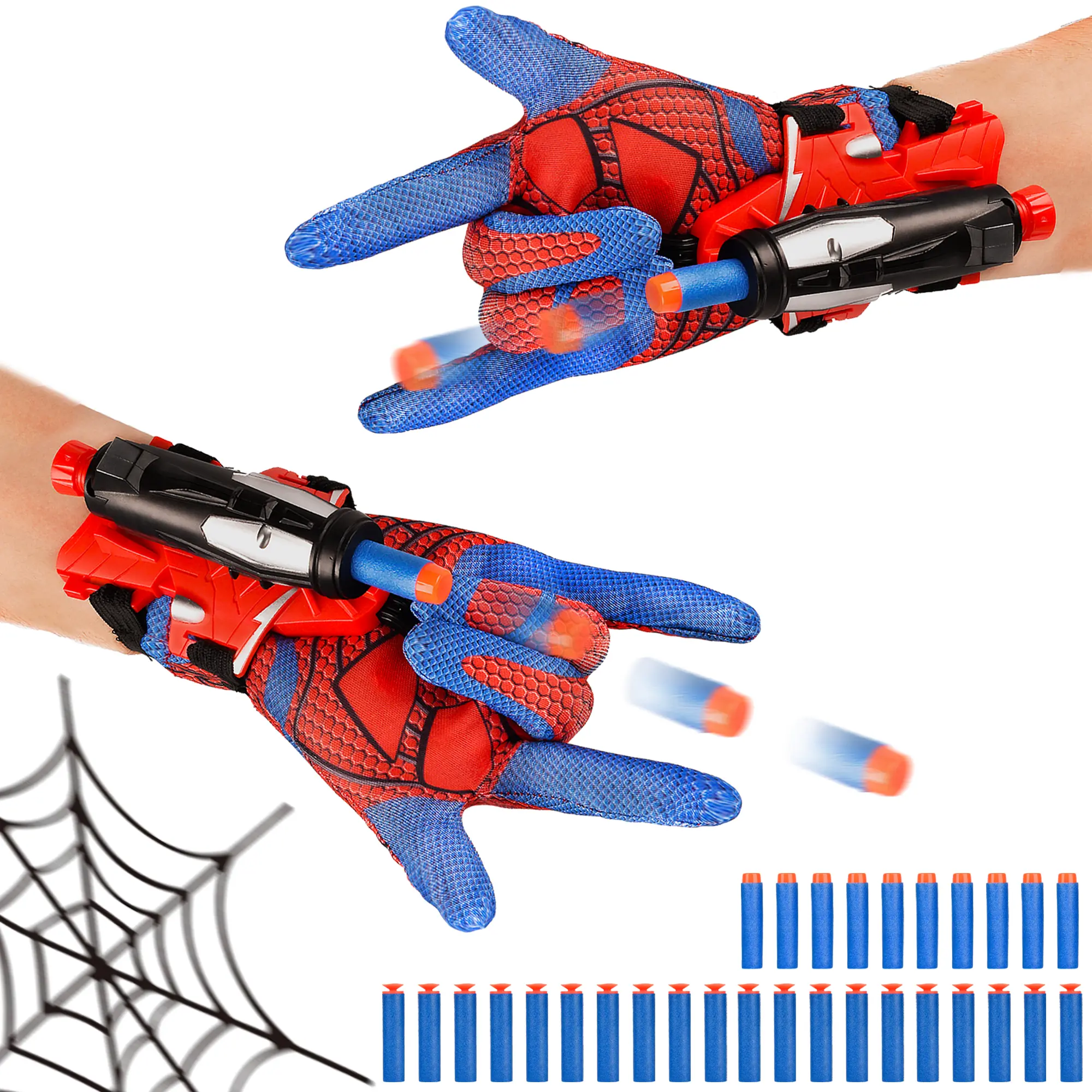 Spider Web Soft Bullet Launcher Toy, consisting of 2 launchers, 30 soft bullets and 2 sets of gloves.  Playable role-playing toy with shooting action. It is suitable for children, teenagers and adults, and is also the best choice for holiday gifts. summer