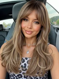 24-inch medium-long wavy medium-length brown highlighted synthetic hair wig. Natural heat-resistant hair synthetic wig. Suitable for women's daily use, parties and commutes. Wavy Wiglet