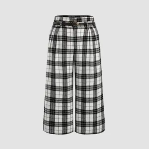 Cider [4 colors, size 0-26] Houndstooth Mid Waist Belted Wide Leg Trousers Curve & Plus