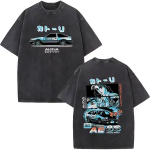 Initial D AE86 Acid Washed Oversized T-Shirt Heavyweight Vintage Anime Streetwear Tee Blue Black Unisex Fit