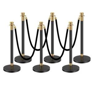 6-Piece Adjustable Stainless Steel Stanchion Crowd Barriers with 4 Black Velvet Ropes, Sand-Injected Hollow Bases, Queue Control Posts - Home & Festive Event Supplies for Weddings, Wedding