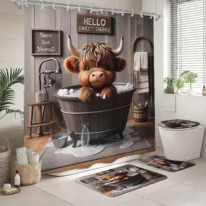 4pcs Highland Cow Cartoon Bathroom Set, Waterproof Shower Curtain Sets, Bath Mat, Toilet Seat Cover, 12 Hooks, Casual Style, Holiday Gift