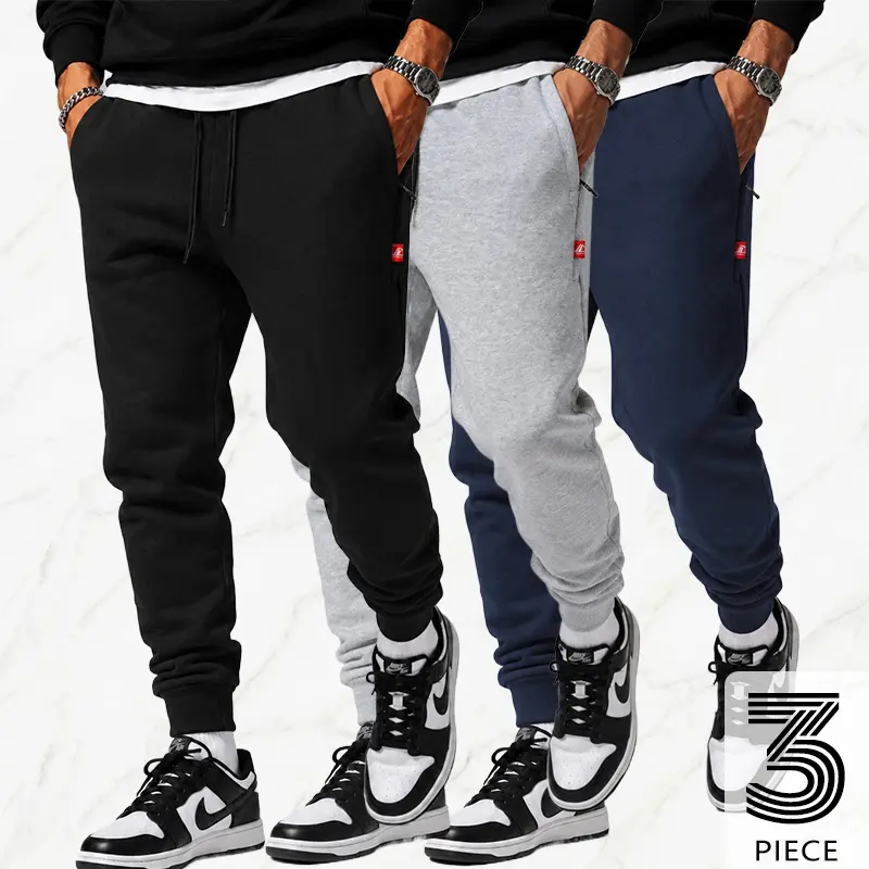 Menswear Men's Elastic Slim-Fit Jogging Pants, 3-Pack, Lightweight Casual Bottoms with Hidden Zippered Pocket, Suitable for Running, Fitness