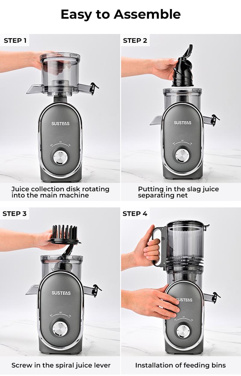 SUSTEAS Juicer Machine Cold Press Juicer 5.3 Inch Large Feed Opening Slow Masticating Machine High Yield Easy to Clean Whole Fruit Juicing