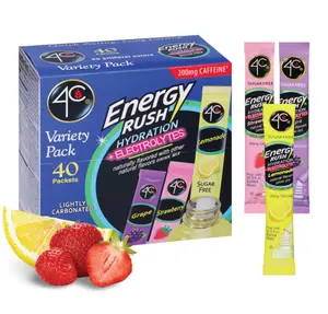 4C Energy Rush PSD with Electrolytes Variety Pack Stix, 40 ct (14 Lemonade, 12 Strawberry/14 Grape)