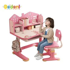 Bodonl Adjustable Kids Desk and Chair Set,Widened Desktop, Bookstand and Storage Drawer (Pink)Kids Functional Desk Chair Set, Height Adjustable Children School Study Desk with Castle Backboard, Widened Desktop, Bookstand and Storage Drawer (Pink)