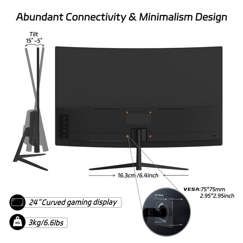 REHISK 24"Slightly curved Gaming Monitor – 180Hz FHD IPS, 1ms, FreeSync, Built-in Speakers, Borderless Design, HDMI & DP for PC, PS5, and Xbox