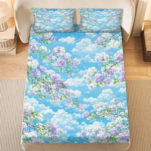 3Pcs Floral Sky Cloud Fitted Sheet Three Piece Set (1*Fitted Sheet+2*Pillowcases, Coreless), Spring theme, Nature Pattern Bedding Set, Mattress protector Soft, Breathable