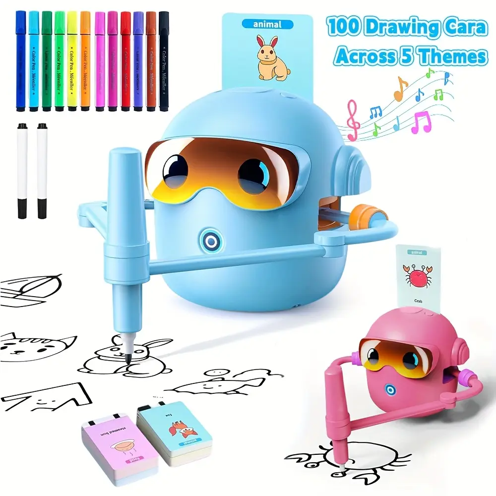 Drawing Robot Toy, Interactive Digital Educational Drawing Machine, Magic Upgrade Version with 100 Animals Word Cards & 14 Pens, Ideal Gift for Daughter