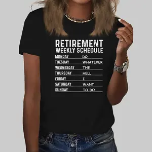 Retirement Weekly Schedule Print T-Shirt, Casual Crew Neck Short Sleeve Top For Spring & Summer, Women's Clothing