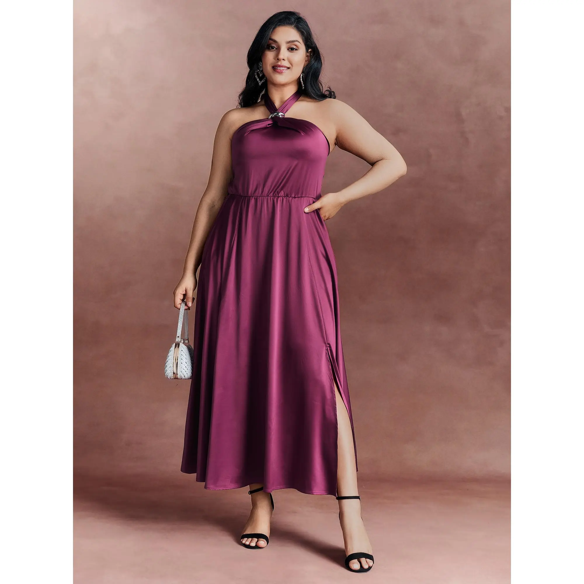 BLOOMCHIC Women's Curvy Plus Size Halter Neck Satin Shimmer Maxi Dress [M-6X] - 2026 Summer Casual, Party-Cocktail Wear, Pull-On Sleeveless, Metallic Detail, Stretchy 4% Spandex, Knot, Pocket, Deep Purple Red, Smooth Garment Fabric, Low Iron, Perfect Fit