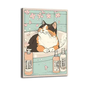 Cute Japanese Calico Cat Bubble Bath Wall Decor Art, Waterproof Canvas Poster, Artistic Poster for Bathroom, Bedroom, Kitchen and Living Room, and A Perfect Gift for Home