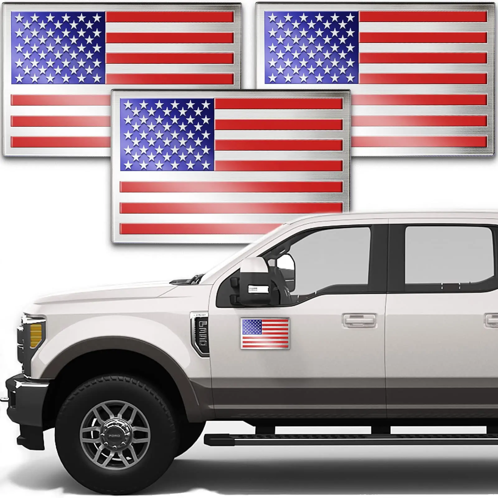 Embossed 3D Metal American Flag Car Stickers and Decals (3 Pack),  US Flag Patriotic Emblem for Cars, Truck, Motorcycle, 4th of July Support US Military
