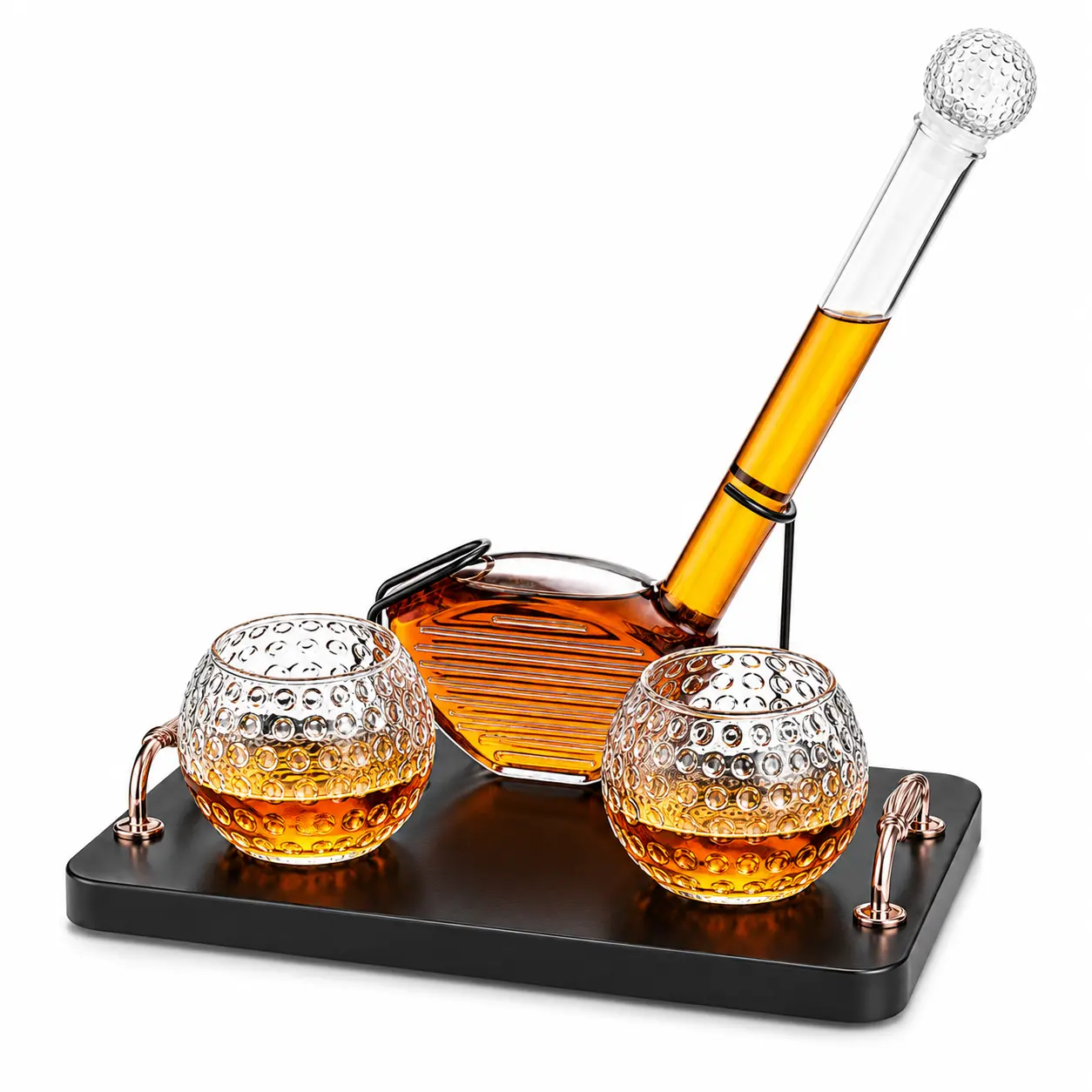 Golf Club Whiskey Decanter Set with 2 Crystal Glasses, 28.7oz Clear Borosilicate Glass 15.2oz Ball Cups for Bourbon Scotch Serving, Sports Themed Barware Birthdays Fathers Day Retirement Gifts for Men