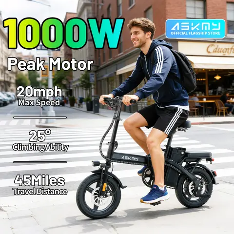 ASKMY E14 Urban Compact Foldable Portable Ebike for Adults - 1000W Peak Motor (1000W & above), 45mi Long Range, 14" Tubeless Tires, Dual Disc Brakes, UL Certified Battery, Lightweight, 12 Months Support, Portable Foldable Bikes