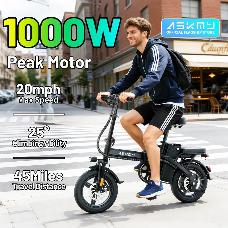 ASKMY E14 Urban Compact Foldable Portable Ebike for Adults - 1000W Peak Motor (1000W & above), 45mi Long Range, 14" Tubeless Tires, Dual Disc Brakes, UL Certified Battery, Lightweight, 12 Months Support, Portable Foldable Bikes
