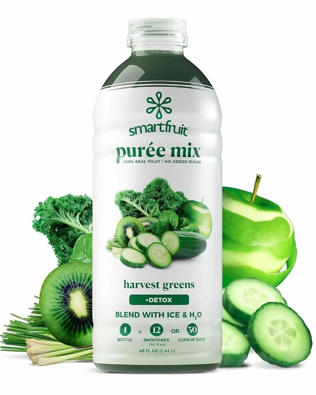 Smartfruit Harvest Greens + Detox – 100% Real Fruit Purée with Kiwi, Cucumber, Kale, Spinach, Lemongrass, Apple, Banana – Great for Smoothies, Juice, Yogurt, Cocktails, Teas & More – 48oz