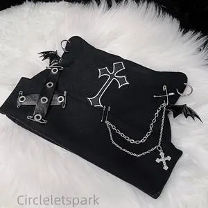 Women's Gothic Cat Ear Beanie With Punk Chain And Bat Charm, Y2K Grunge Black Winter Cap, Adjustable Streetwear Headwear For Daily Outfits And Casual Wear