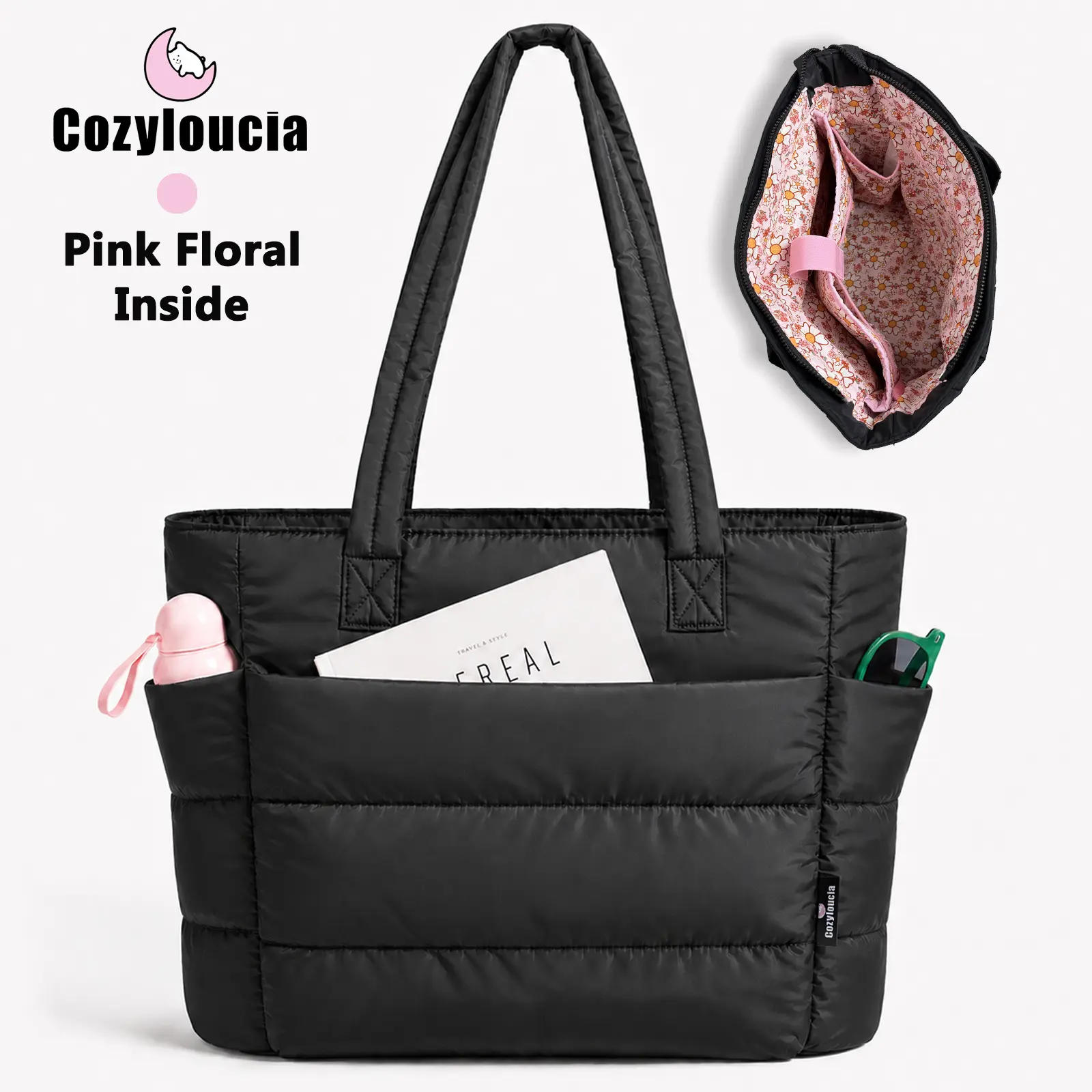 CozyLoucia Cute Puffer Tote Bag for Women Pink Flower Print Interior Laptop Shoulder Handbag, Lightweight Best Tote Bag for Work with Multiple Compartments for Travel , Work  and School, Quilted Puffer Bag, Gifts For Women DealsforYouDays
