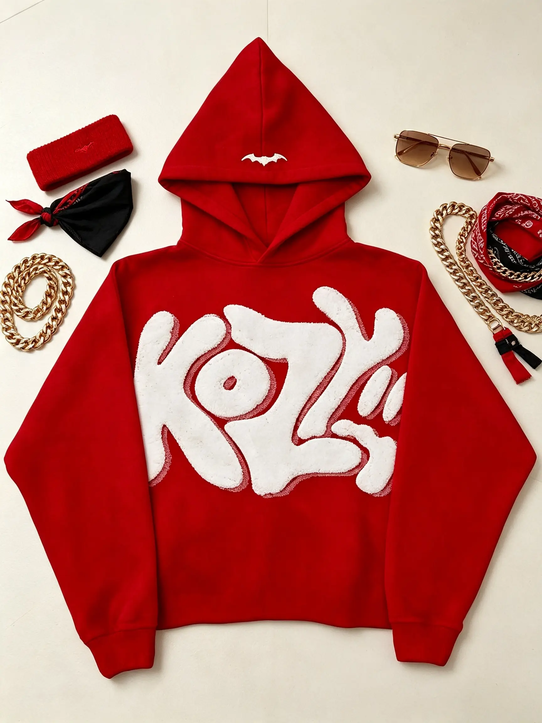 Menswear Loose Y2K KOZY Graffiti Hoodie - Men's Oversized Streetwear Sweatshirt with Gothic Bubble Letter Print, Bat Detail, Casual Harajuku Style