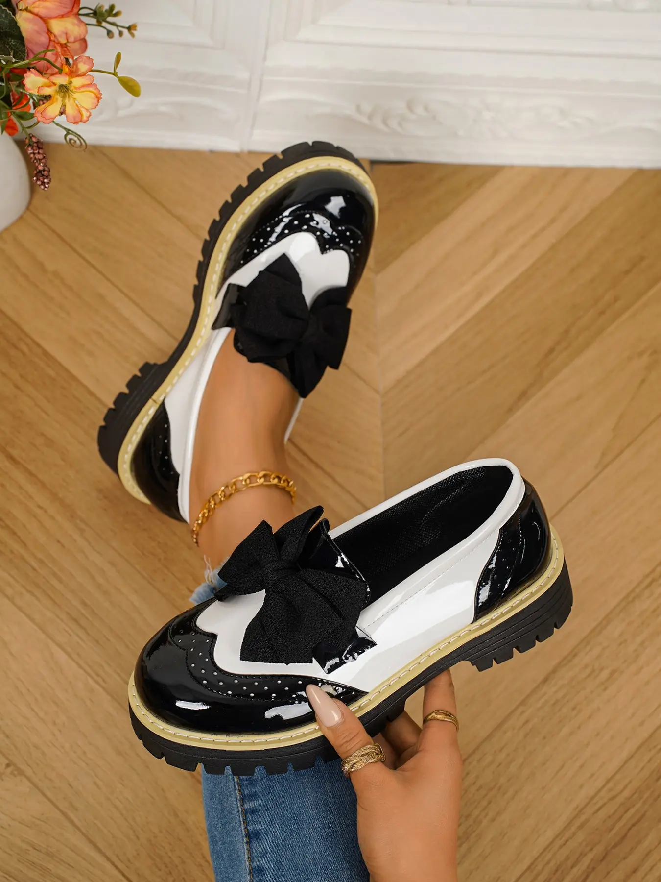 French Color Block Bow Women's Bowknot Design Loafers Round Toe Shoe, Spring Fall New Fashion, Thick Sole Flatform Height Increase Anti-Slip, Casual Versatile Glossy British Small Leather Shoes