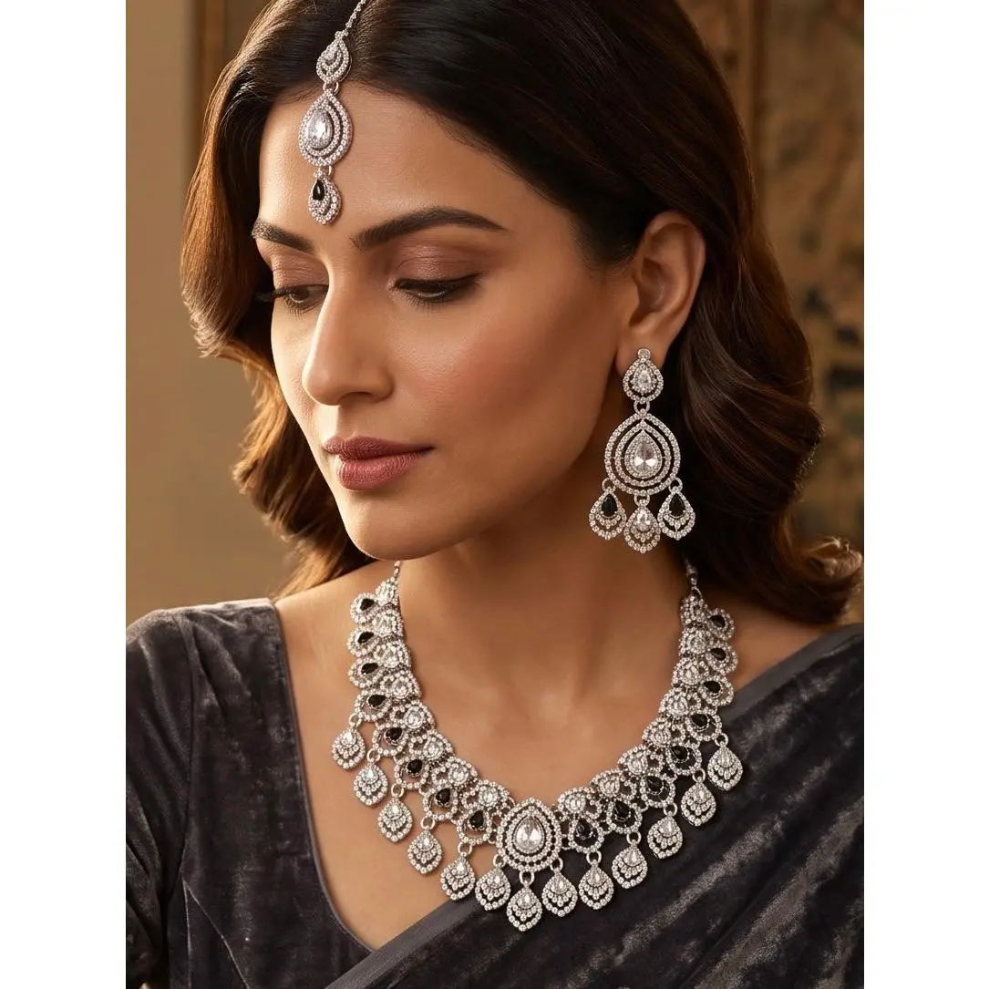 Silver Tone Bridal Jewelry Set with Clear & Black Crystal Accents – Necklace, Earrings & Maang Tikka | Indian Pakistani Afghan Wedding Jewelry | Gift Box Included 6025