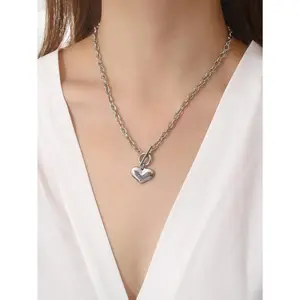 Cool Silver Heart OT Clasp Necklace, Women's Niche Design Thick Chain Clavicle Chain