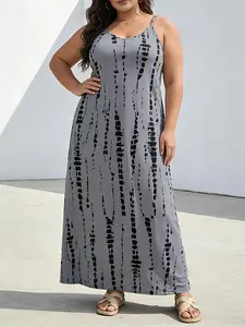 Plus Size Tie Dye Halter Dress, Loose Fit Slimming Vacation Style, Summer Beach Casual Halter Dress, Casual Wear, Womenswear, Casual Bohemian Sleeveless, Casual Flattering Sleeveless