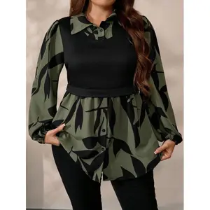 Plus Size Women's Black Knit Patchwork Floral Print Casual Pullover Top, Autumn/Winter Fall Cloth For Women Fabric Knitwear