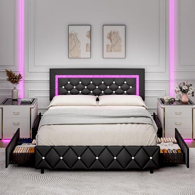 HOMBCK Bed Frame with Lights and Drawers, No Mattress, Diamond Headboard, Faux Leather, Modern Style, No Box Spring Needed, Easy Assembly HOMBCK Bed Frame with Lights and Drawers, No Mattress, Diamond Headboard, Faux Leather, Modern Style, No Box Spring Needed, Easy Assembly