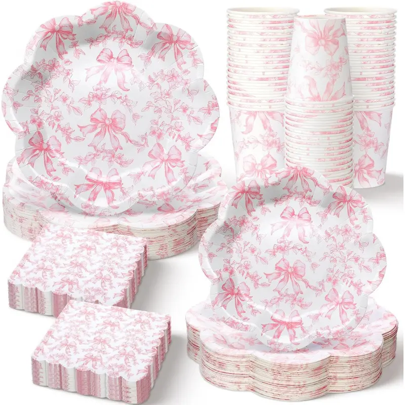 250-Piece Minimalist Bow Pattern Disposable Tableware Set - Pink Farmhouse Wall Party Decor Plates&cups for 50 Guests, Napkins - Easy Tabletop Supplies for Valentine's Day, Baby Shower
