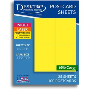 Colored Printable Postcard Paper 100 Bright Yellow Postcards, Perforated 4-Up 4.25" x 5.5" 65lb Cover (176gsm) Matte Cardstock for Laser/Inkjet Printers, USPS Approved for Mailing