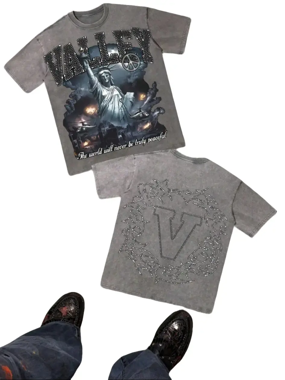 Vintage Washed Cotton 230g Printed T-Shirt,Statue Of Liberty War Scene "VALLEY" Anti-War Theme,Distressed Washed Craft, Streetwear Cotton Tee,Holiday Gift Menswear Tops